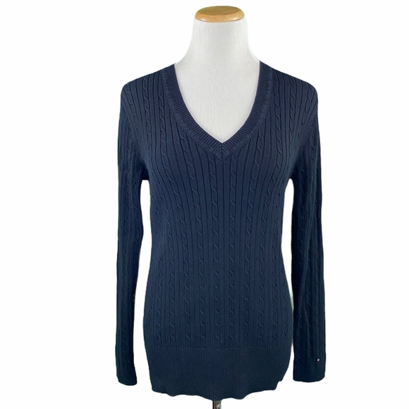 Tommy Hilfiger Black V-Neck Cable Knit Sweater
